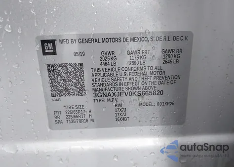 2019 Chevrolet Equinox Lt из США, поврежденный, VIN 3GNAXJEV0KS665820